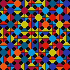 Circles, halves of circles, and quarters. Vector with colorful bright mosaic shapes. Can be used as a seamless pattern. Can be an independent painting. Abstraction with round shapes.