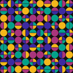 Circles, halves of circles, and quarters. Vector with colorful bright mosaic shapes. Can be used as a seamless pattern. Can be an independent canvas.