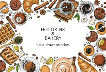 Vector illustration with hot drinks, sweets. Hand-drawn sketches kettle and a coffee grinder. Collection of drawings bakery, cookies, spices. Engraving style