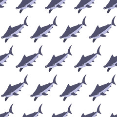 Sea animal seamless pattern with hummerhead shark. Undersea world habitants print. Hand drawn underwater life vector illustration. Funny cartoon marine animals character for kid fabric, textile.