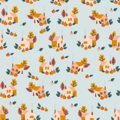Fotobehang Seamless pattern with country houses, giant pumpkins, trees in yellow. Cozy rural background, Thanksgiving Day concept. For surface design and other design projects © Blooming Sally