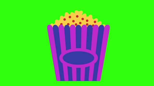 A 2D animated illustration of a popcorn bucket on a greenscreen