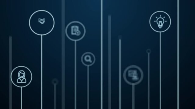 4K Abstract animation. Digital business technology, market strategy plan background. Moving pass through lines, circles, icons. Growth concept with service, research, company mission icon. Loop video