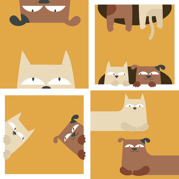 Collection of illustrations with funny dog and cat. Cute pets in flat style