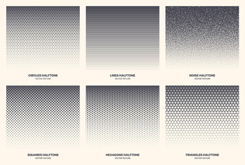 Different Variations Halftone Texture Set Vector Abstract Geometric Patterns Isolated On Background. Modern Various Half Tone Border Textures Collection Circles Lines Noise Squares Hexagons Triangles - 466205484