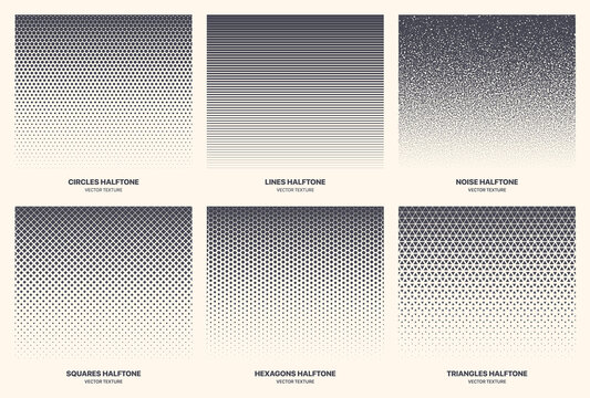 Different Variations Halftone Texture Set Vector Abstract Geometric Patterns Isolated On Background. Modern Various Half Tone Border Textures Collection Circles Lines Noise Squares Hexagons Triangles