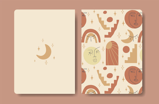 Cover page template. Universal abstract layouts. Applicable for notebooks, planners, brochures, books, catalogs etc. Seamless patterns and masks used, easy to re-size. Vector a5