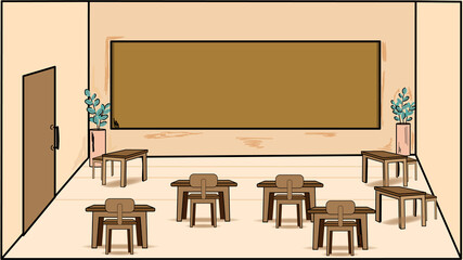 A school classroom with a blackboard and desks. Vector illustration of a school office. An empty classroom.