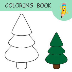 Fototapeta premium Coloring book with simple cartoon Christmas tree. Colorless and color samples Tree on coloring page for kids. Coloring design in cute cartoon style. Black contour silhouette with a sample for coloring
