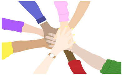 People putting their hands together. Friends with stack of hands showing unity and teamwork, top view. Vector flat illustration.