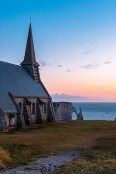 The church of Our Lady at Etretat, Normandy, France, at sunset