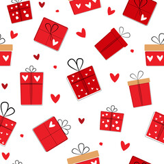 Seamless pattern of gift boxes for Valentine's day, birthday, Christmas with hearts, bows. Vector graphics.