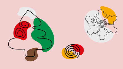 New Year and Christmas vector set of illustrations in Line Art style with color spots Christmas tree and snowflake on a gentle pink background