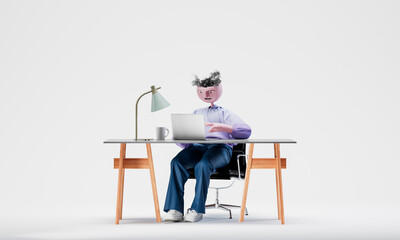 Awesome Travor sits at a desk and working. Highly detailed fashionable stylish abstract character isolated on white background. 3d rendering