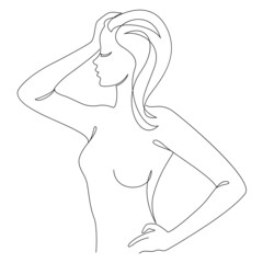 Silhouettes of a girl in a modern one line style. Continuous lady line drawing, aesthetic outline for home decor, posters, wall art, stickers, logo. Vector illustration.
