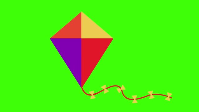 A 2D animated illustration of a colorful kite on a green screen