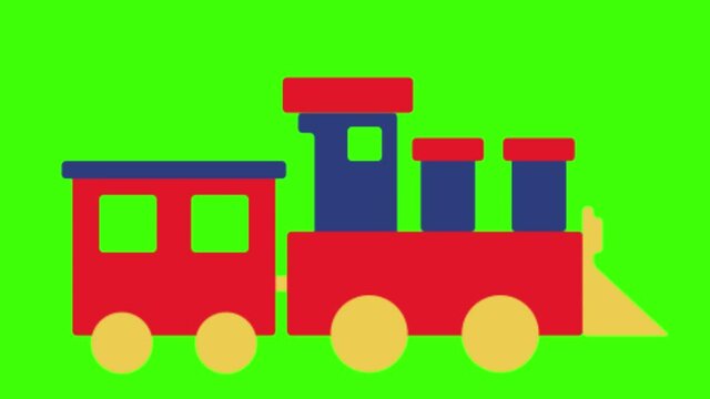 A 2D animated illustration of a colorful toy train on a green screen