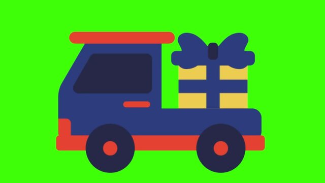 A 2D animated illustration of a truck carrying a present on a green screen