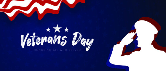 Veterans Day Background Vector Illustration with Wavy USA Flag and Ornamental Stars on Blue Background. USA Memorial Day Background Design: Honoring All Who Served.