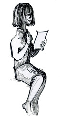 The girl is reading a letter. Ink sketch.