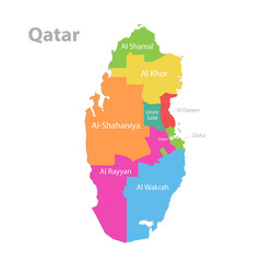 Qatar map, administrative division, separate individual regions with names, color map isolated on white background vector