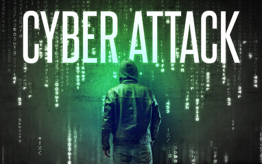 Faceless hacker with inscription concept