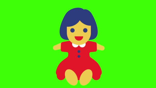 A 2D animated illustration of a doll on a green screen