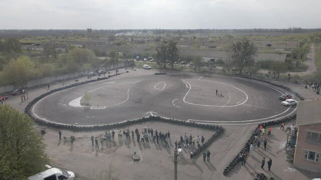 Aerial drone view of the open-air street racing and drift track