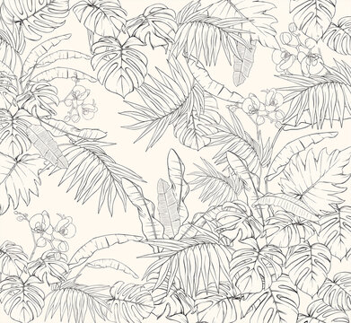 Beautiful pattern of tropical leaves. Wall decor. A mural for the room. Photo wallpapers for the interior. Tropical pattern of different leaves. Painted leaves.