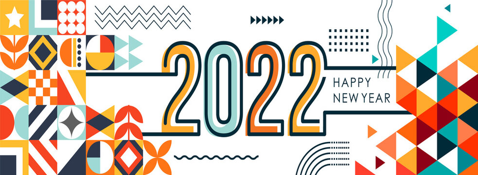 happy new year 2022 text banner with modern geometric abstract background in retro style. Design for 2022 calligraphy includes artistic colorful traditional shapes. Vector illustration icons