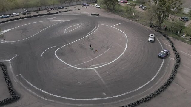 Aerial drone view of the open-air street racing and drift track