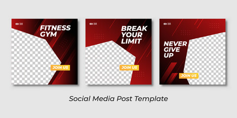 Sport Social Media Banner Template Collection with Unique Style. Red gradient background for gym template. Fitness gym social media post square banner template for fitness studio promotion