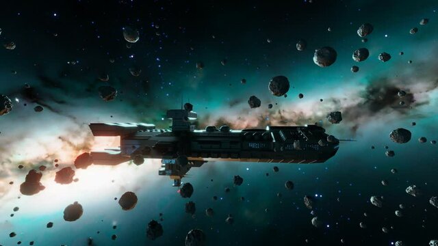 Fighters go for the war mission. Spaceship flying through the incoming meteors.