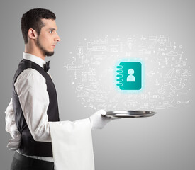 Close-up of waiter serving social media icons