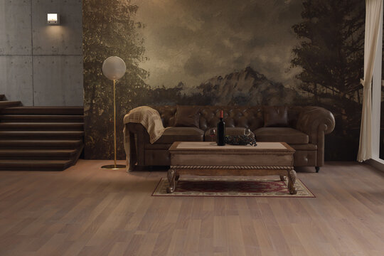 3d Rendering Of Classic Living Room With A Big Oil Painting With Mountain As A Central Motif