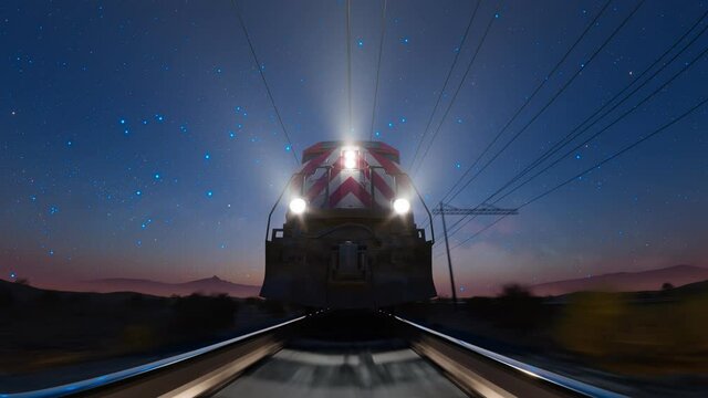 A train running fast at night. Beautiful sky in the background. Railway traction