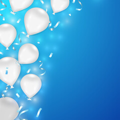 Blue festive background with white balloons and serpentine. Vector illustration.