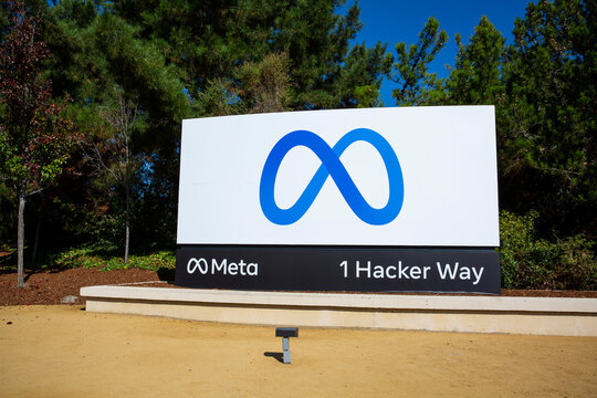 Menlo Park, CA, USA - October 29, 2021: META sign next to the Headquarters Corporate office building. Meta is a social networking service company, former Facebook, new Facebook sign and new logo
