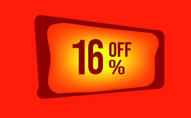 16 percent off. Discount for big sales. yellow on red and orange background