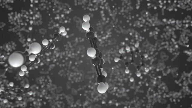 Styrene molecule made with balls, isolated molecular model. Looping 3D animation or motion background