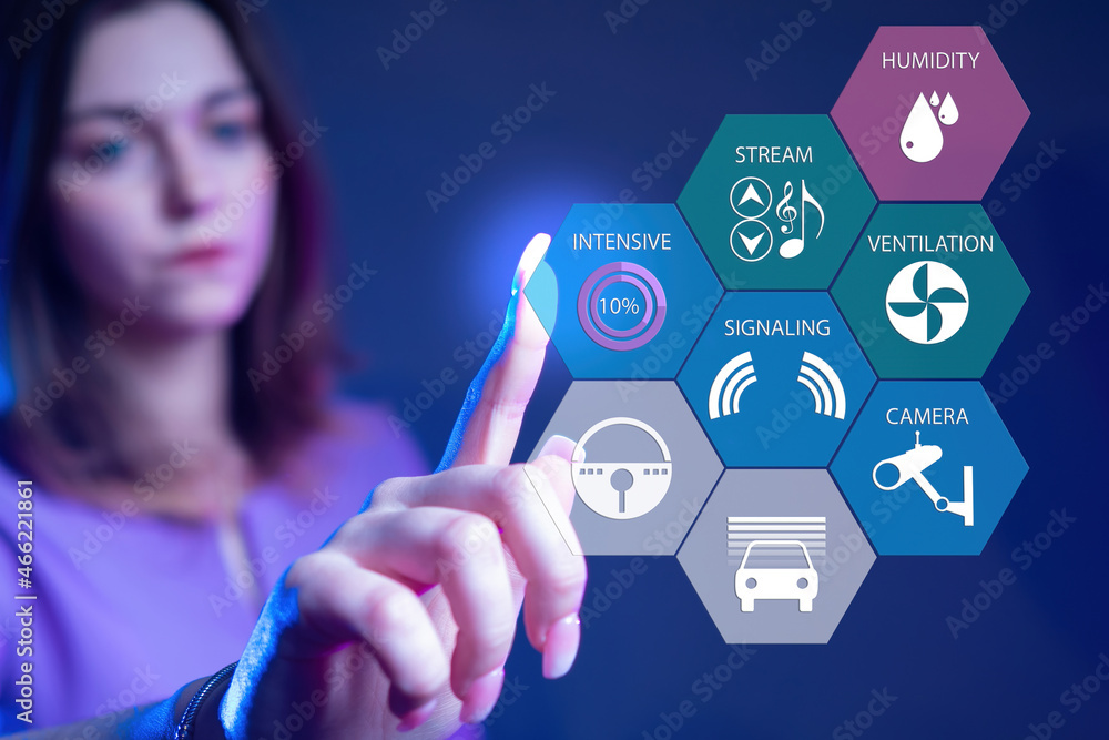 Poster smart home technology interface on a virtual screen. concept - augmented reality with iot technology