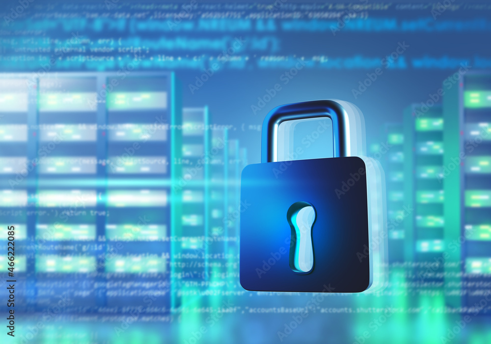 Poster protected data warehouse. server hardware protection. concept taking care confidentiality of informa