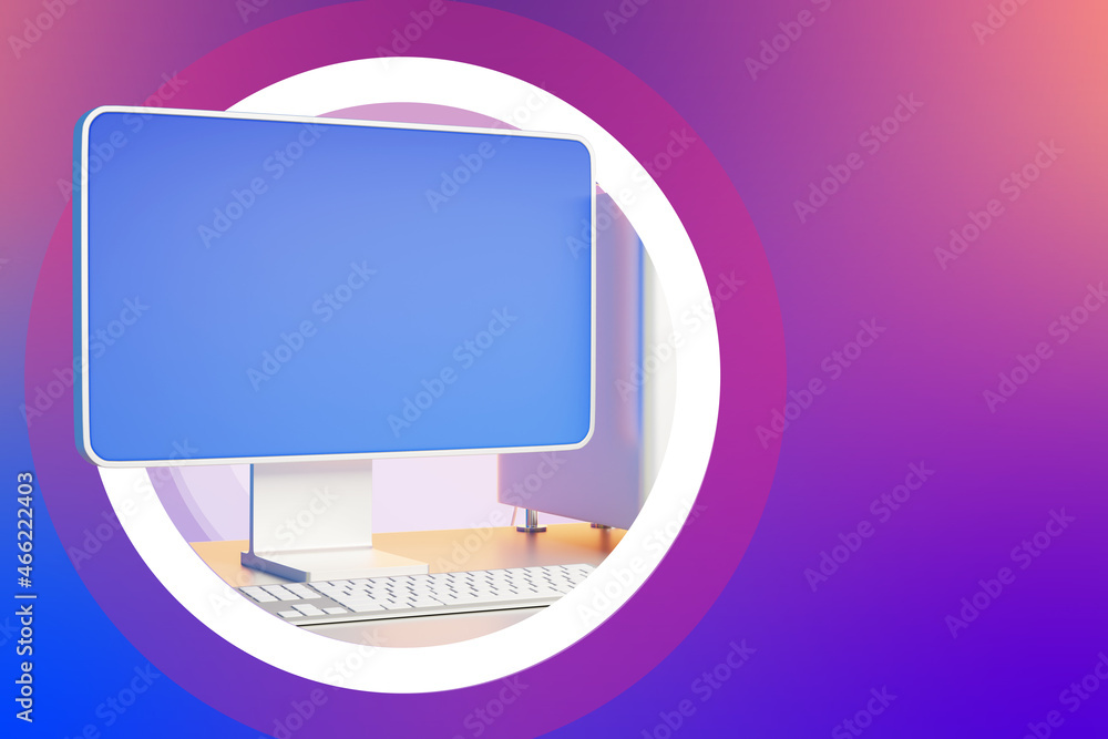 Poster minimalistic computer layout. personal desktop computer. computer display is blue. simple monitor ne
