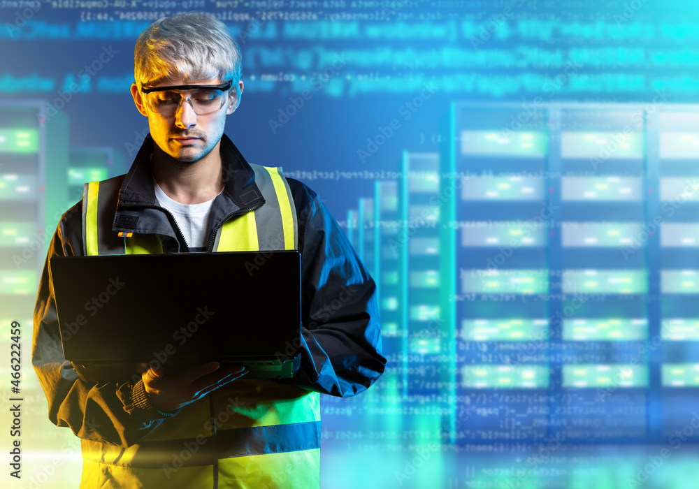 Poster data engineering. data processing specialist. man with laptop on server background. gray-haired soft