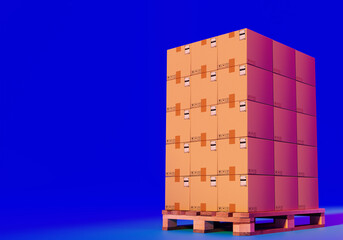 Pallet with boxes. Wooden pallet of parcels. Warehouse logistics concept. FBS boxes on pallet. Place for inscription on blue background. Boxes with information stickers barcode. 3d rendering.