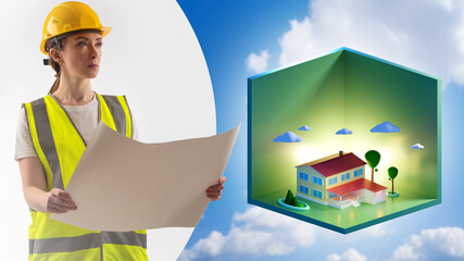 Woman builder with sheet paper. Builder next to cartoon house. Architect in yellow uniform. Collage on theme of construction design. Girl works in architectural business. Cottage on green background
