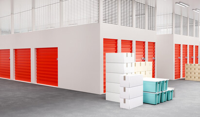 storage space. Warehouse with cantainers of different sizes. Visualization storage company. Rooms for renting warehouse. Storage containers indoors. Various types of boxes at entrance. 3d image.