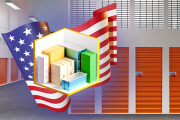 storage company in USA. USA flag next to storage units. Self storage cutaway. Warehouse business in America. Lease of warehouse space in USA. Warehouse company corridors in background. 3d image.