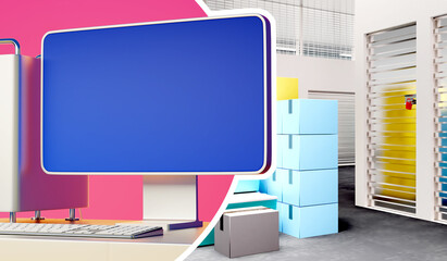 Mockup of computer near warehouse. Blank computer monitor next to storage bins. Concept advertising software for warehouse. Place to demonstrate warehouse software. Warehouse space rent. 3d image.