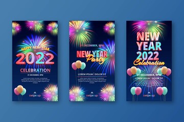 Festive new year eve social media stories collection with fireworks and realistic balloon